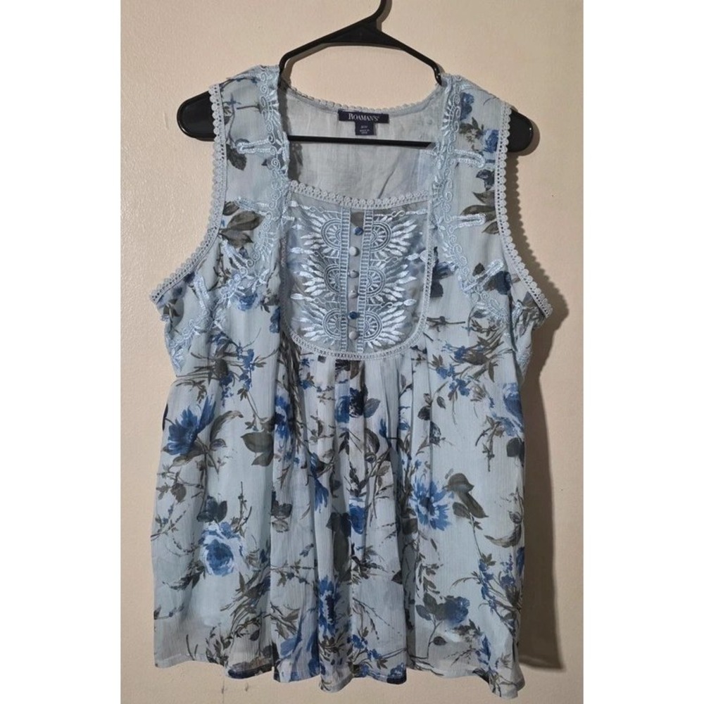 Roamans Blue Floral Embroidered Sleeveless Blouse Plus Size 16W Lace Trim Top